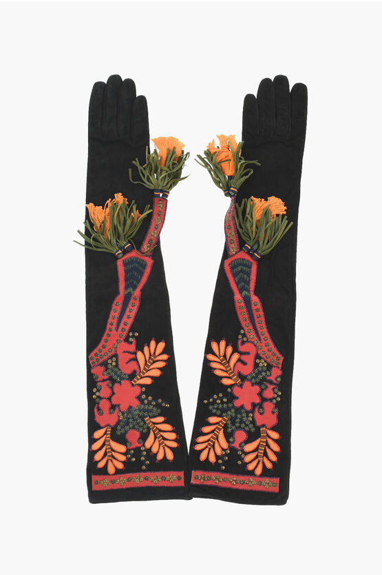 Dsquared2 Floral-motif Suede Opera Gloves With Studs