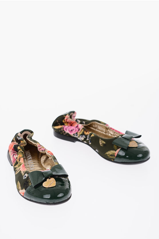 Monnalisa Floral Patterned Ballet Flats With Leather Details In Black