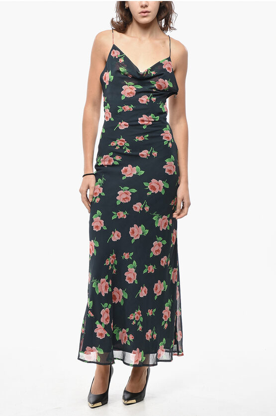 Rotate Birger Christensen Maxi Multicolor Dress With All-over Rose Print In Black