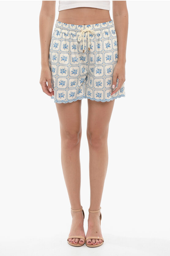 Notes Du Nord Floral Patterned Cleo Shorts With Drawstring Waist In White