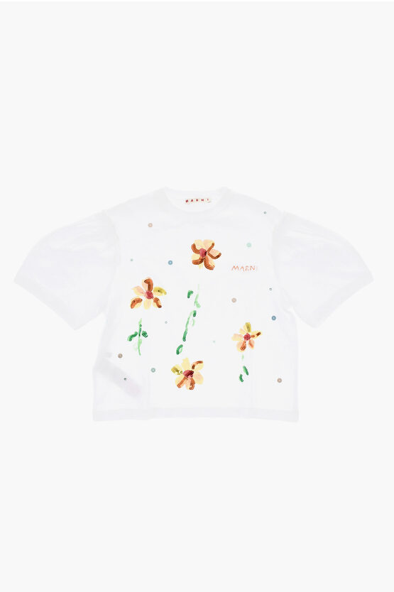 Marni Floral Patterned Crew-neck T-shirt With Sequins Details