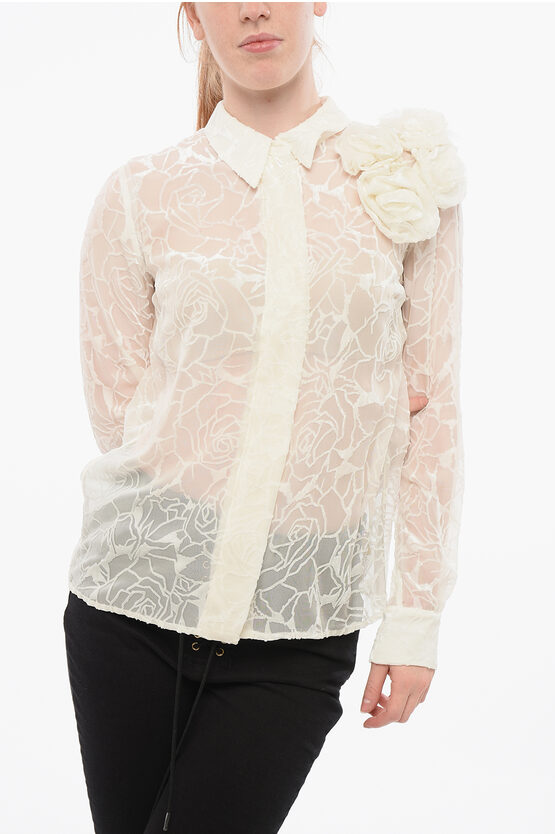 Elisabetta Franchi Floral Patterned Flocked Mesh Shirt In Metallic