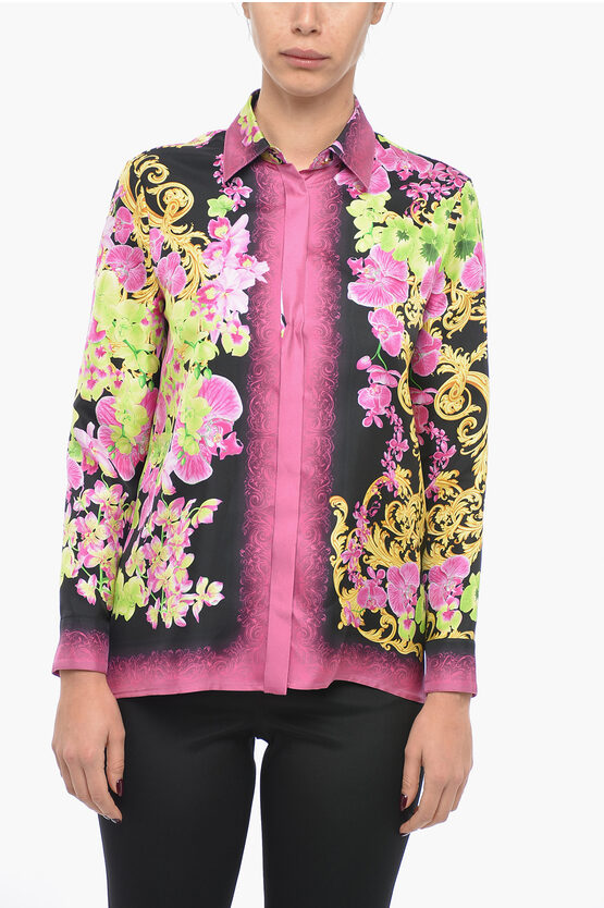 Shop Versace Floral Patterned Orchid Silk Shirt