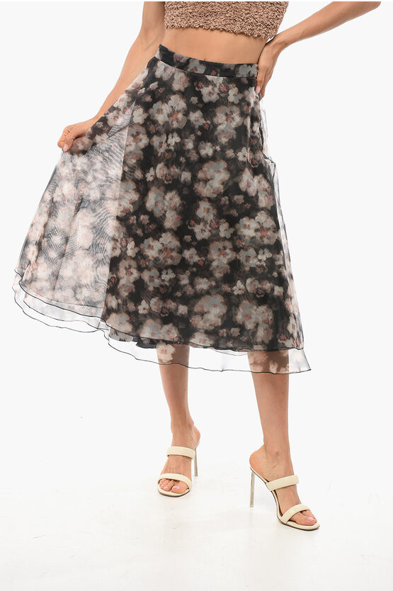 Elisabetta Franchi Floral Patterned Organza Midi Skirt In Black