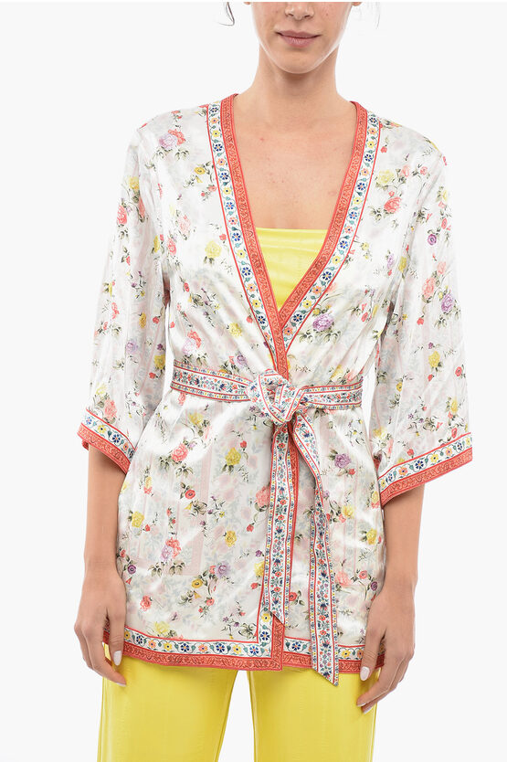 Alice And Olivia Floral Patterned Reversible Satin Cardigan With Belt In White