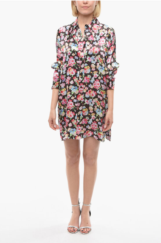 Ganni Floral-patterned Satin Shirtdress With Maxi Collar In Multi