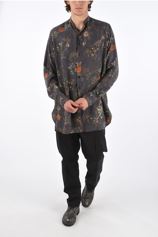 Floral Patterned Silk Shirt with Mandarin Collar