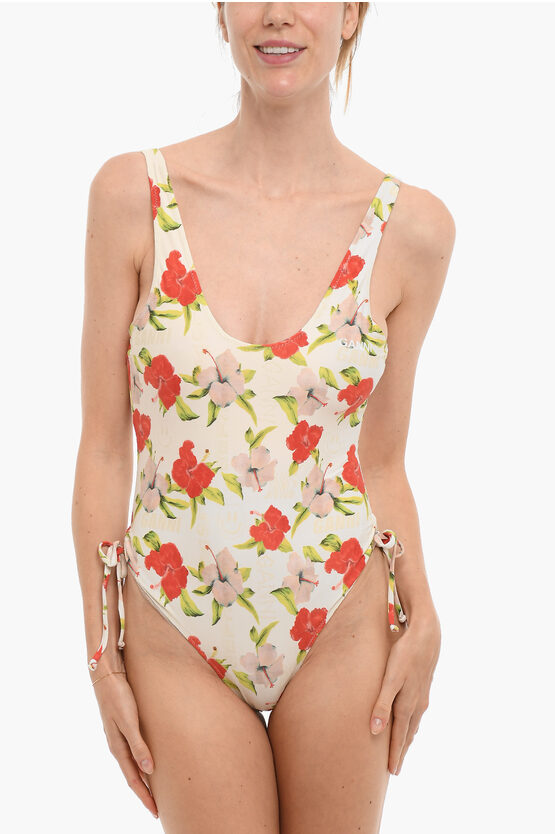Ganni Floral Patterned Tie-side One-piece Swimsuit In Multi