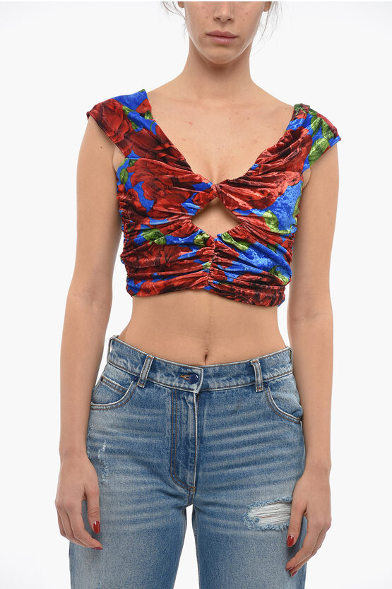 Magda Butrym Floral Patterned Velvet Crop Top With Cut-out Detail In Red