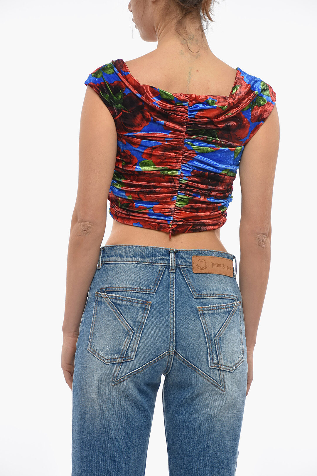 Magda Butrym Floral Patterned Velvet Crop Top with Cut-Out Detail