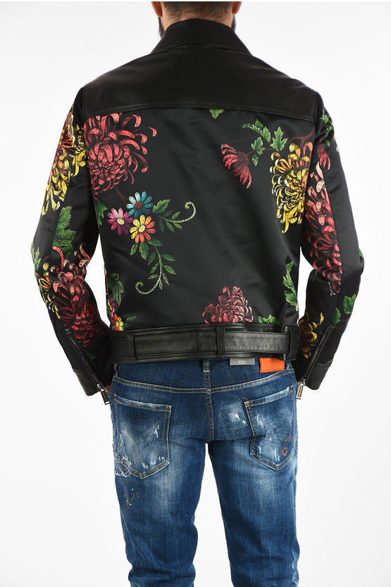 Dsquared2 Floral-Print Biker Jacket with Leather Details men