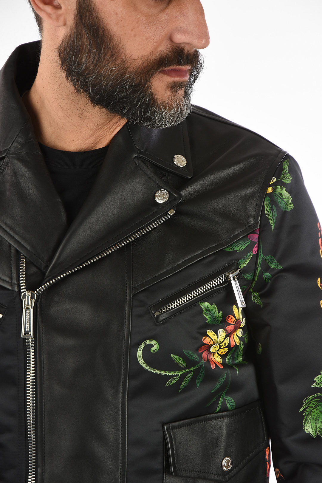 Dsquared2 Floral-Print Biker Jacket with Leather Details men