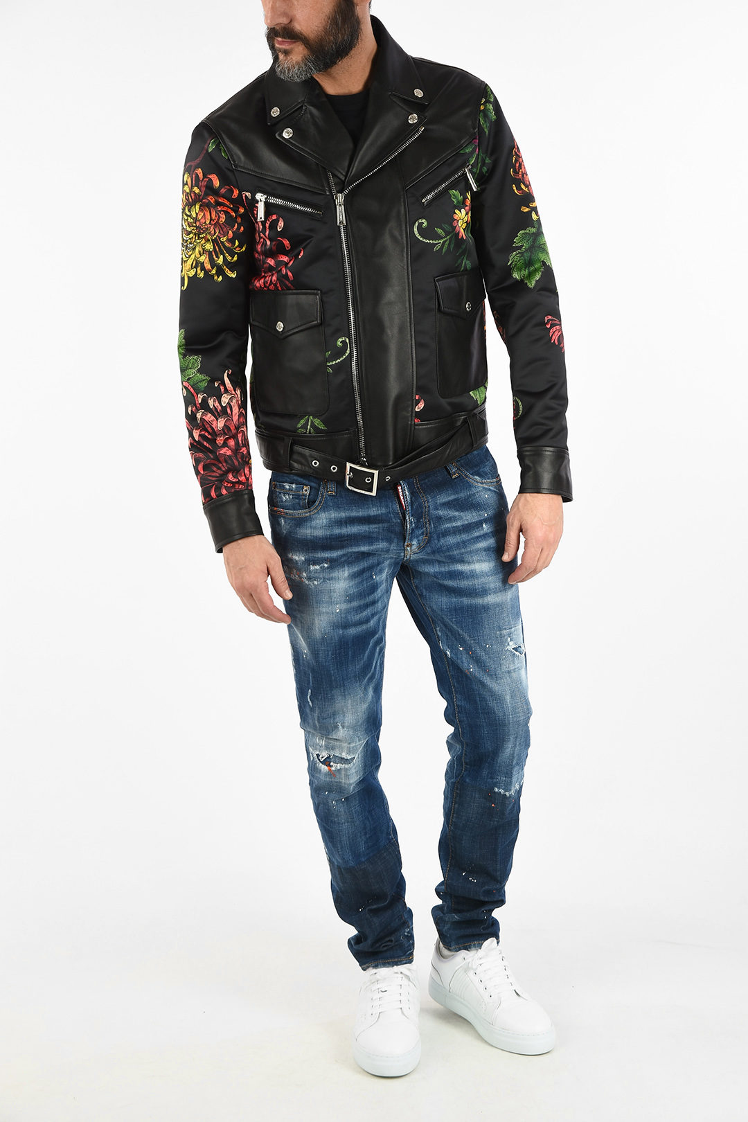 Floral-Print Biker Jacket with Leather Details