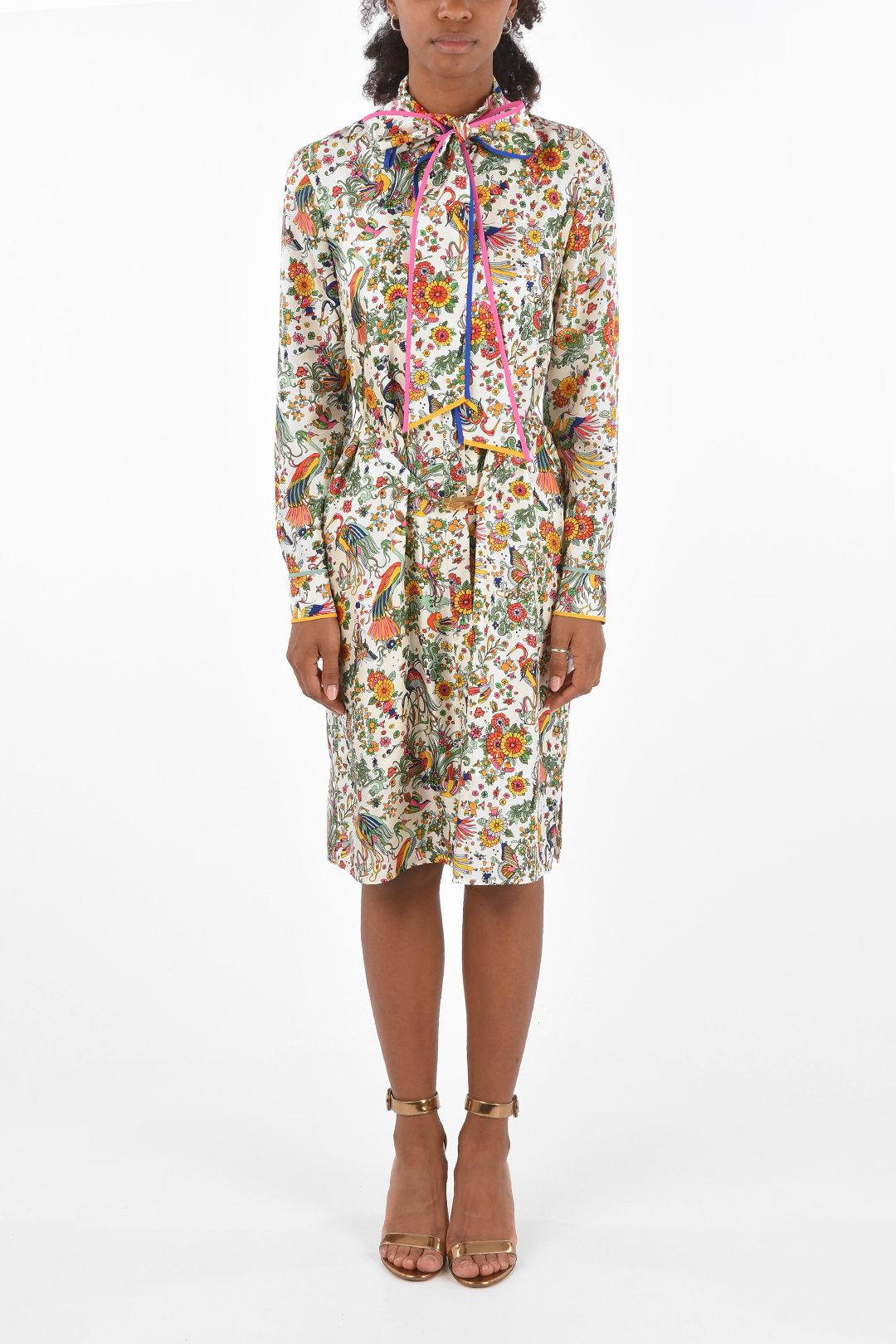 Tory Burch floral-print silk knee lenght shirtdress with tie neck women ...