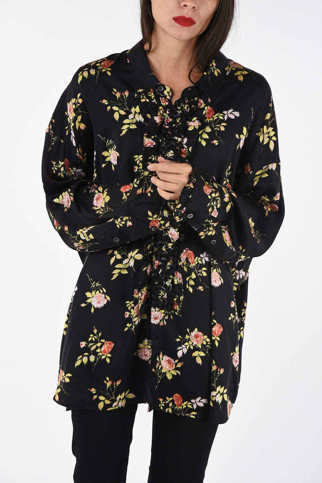 floral print silk ruffle front shirt