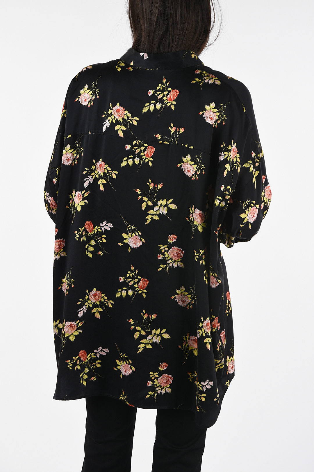 floral print silk ruffle front shirt