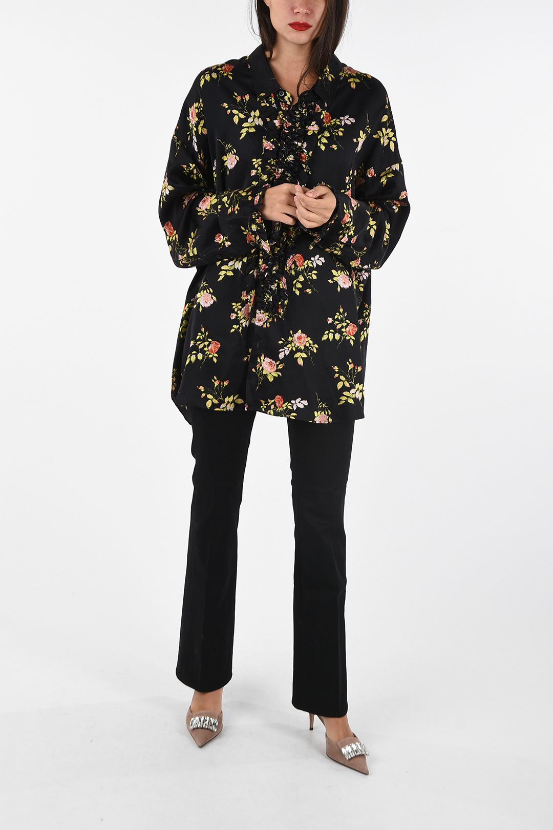 floral print silk ruffle front shirt