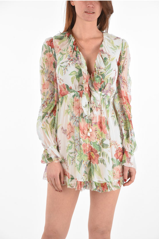Zimmermann floral-print silk v-neck mini playsuit with poet sleeve