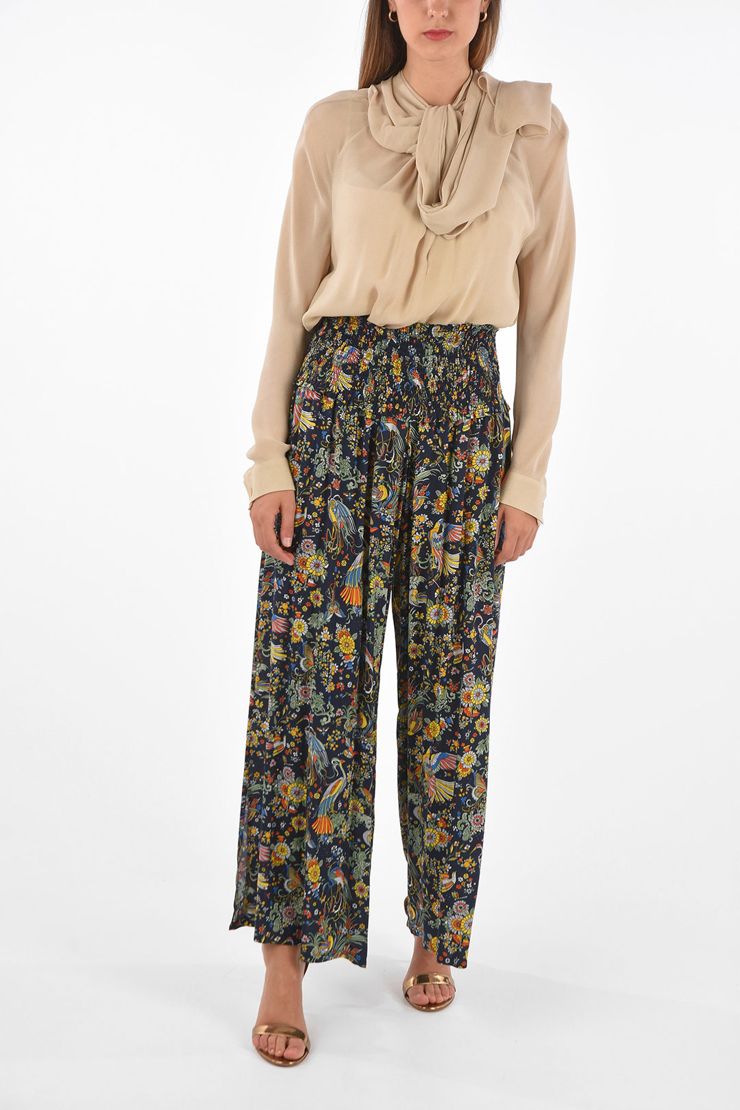 Tory Burch floral-print SMOCKED BEACH high-rise waist palazzo pants women -  Glamood Outlet