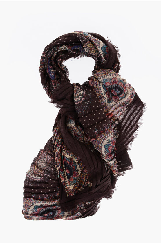 Shop Etro Floral Print Wool Pleated Scarf