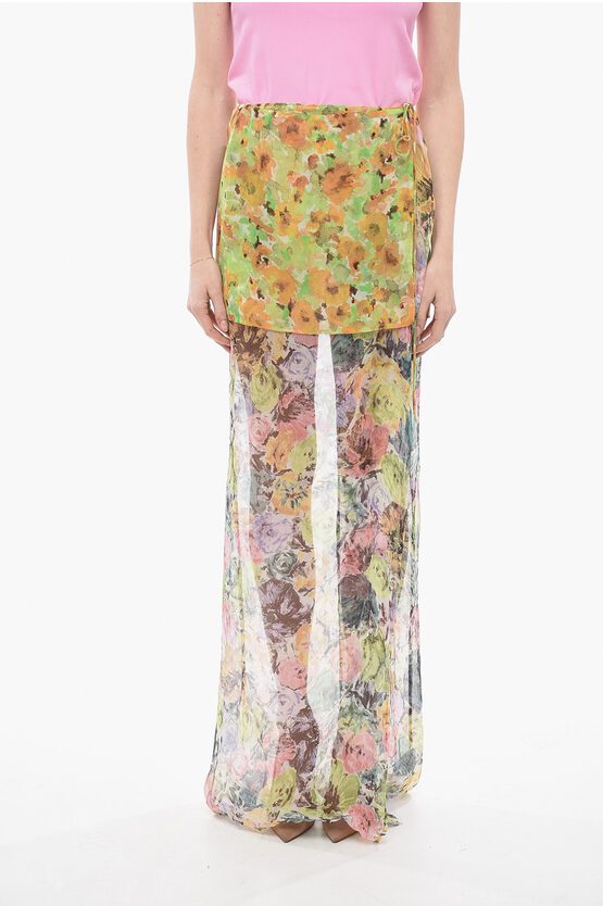 Dries Van Noten Layered Floral-print Silk-georgette And Chiffon Maxi Wrap Skirt In Yellow