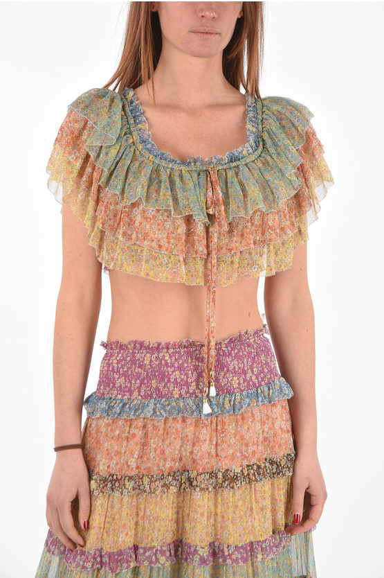 Zimmermann Floral Printed Silk CARNABY Frilled Crop Top