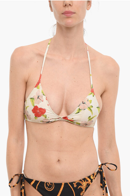Ganni Floral-printed Triangle Bikini Top In Neutral