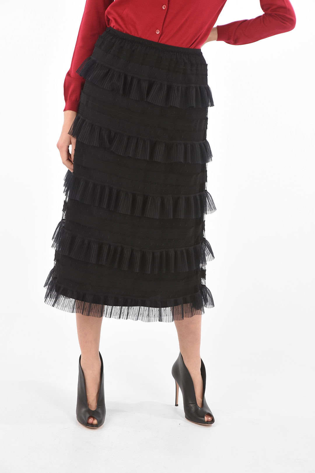 Flounced Tulle Midi Skirt