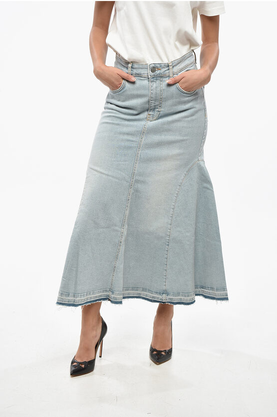 Ganni Frayed Hem Denim Flared Maxi Skirt In Blue