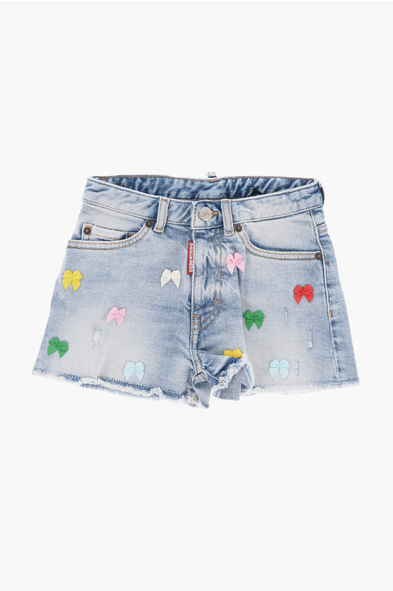 Dsquared2 Frayed Hem Shorts With Decorative Ribbons In Blue