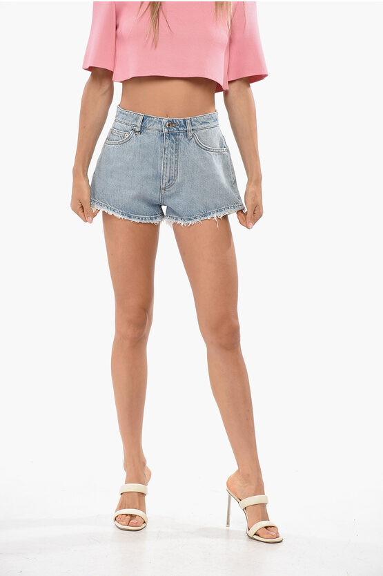 Dolce & Gabbana Frayed Hem Shorts With Logo Button In Blue
