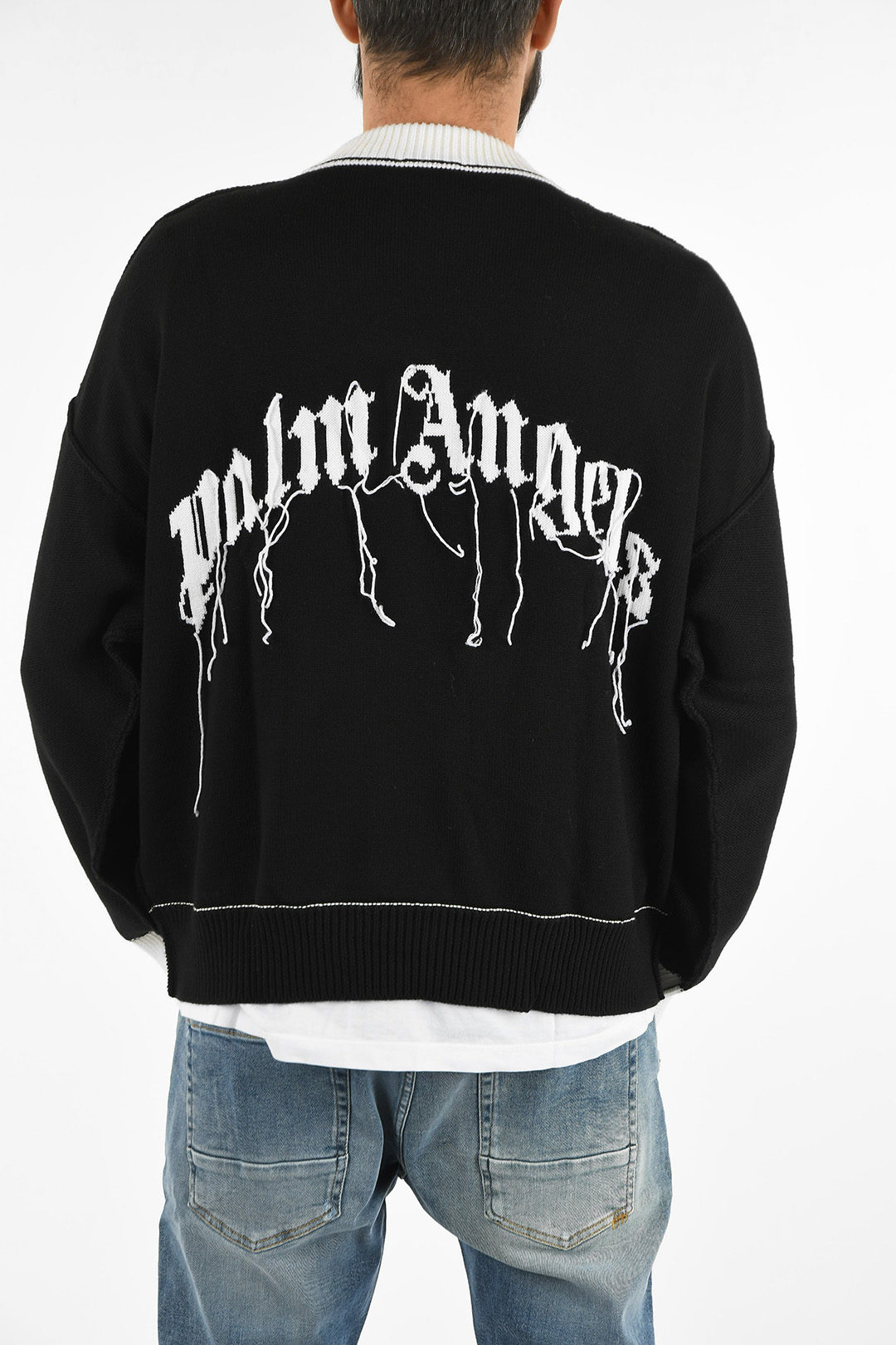 Palm Angels Fringed and Skull Embroidered crew neck sweater men