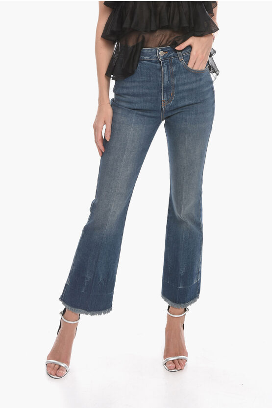 Stella Mccartney Fringed Flared Denims With Logo Patch In Blue