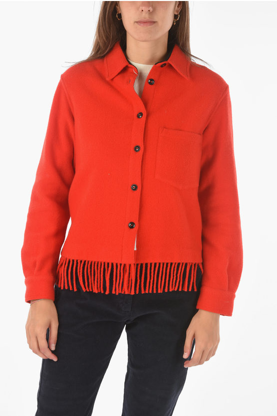 Woolrich Fringed Hem Wool Blend Shirt With Breast Pocket In Red