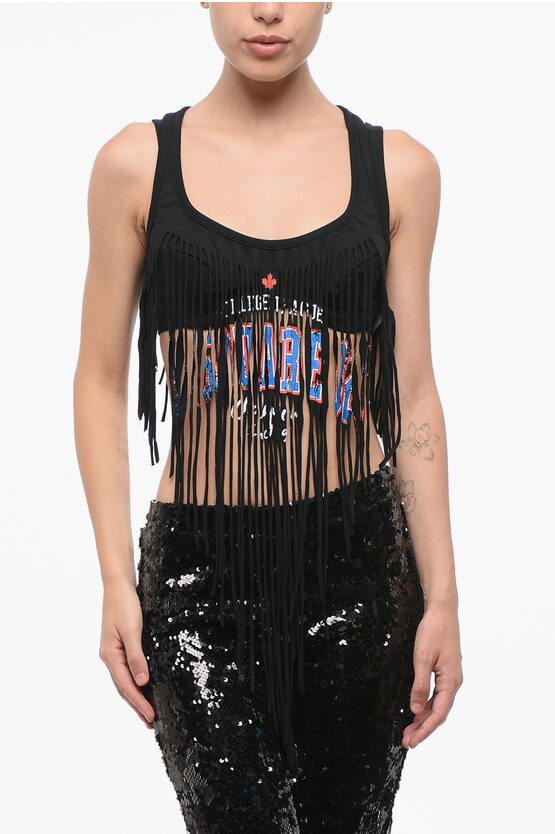 Dsquared2 Fringes Cotton Cropped Top In Black