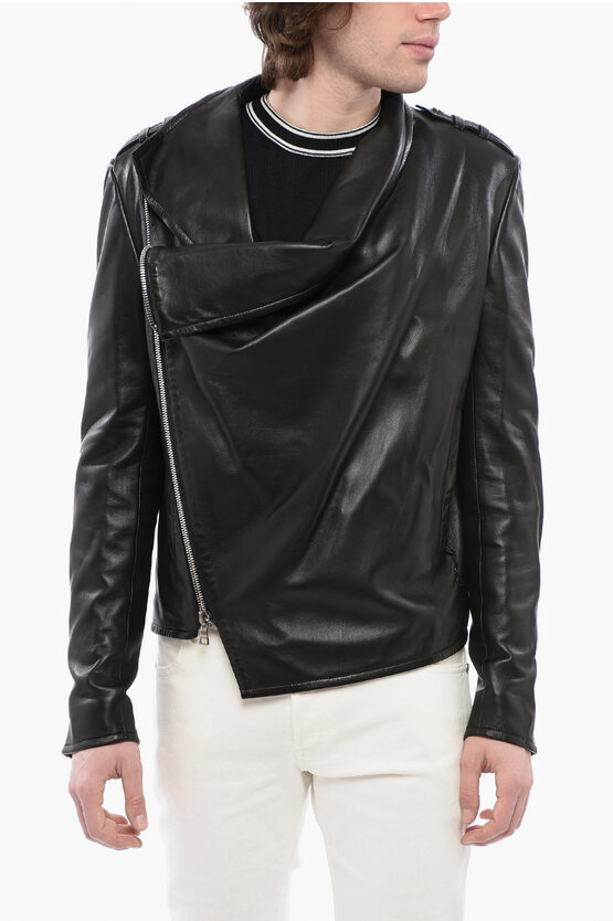 Balmain Front Draped Leather Jacket With Decentralized Zip In Black