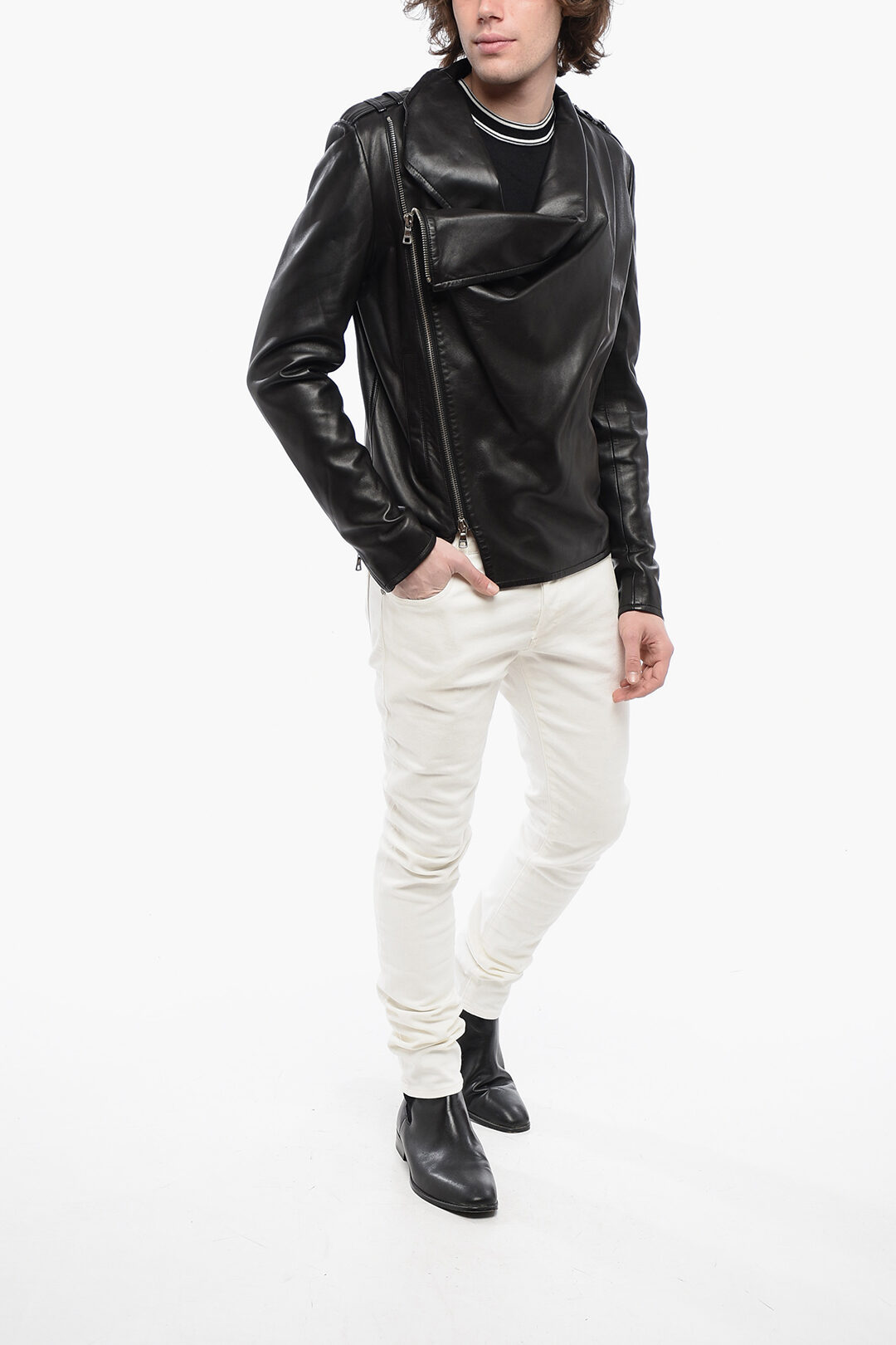 Balmain Front Draped Leather Jacket with Decentralized ZIp