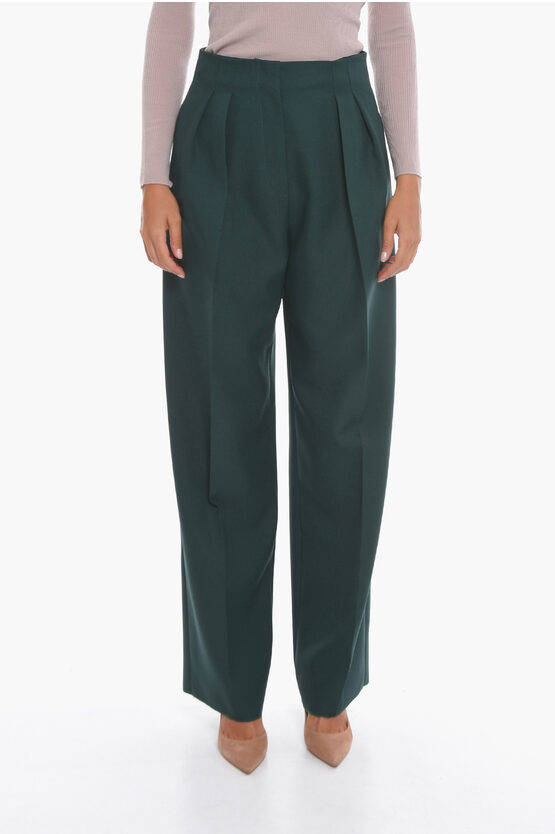 Super Blond Front-pleated Trousers With Wide-leg In Green