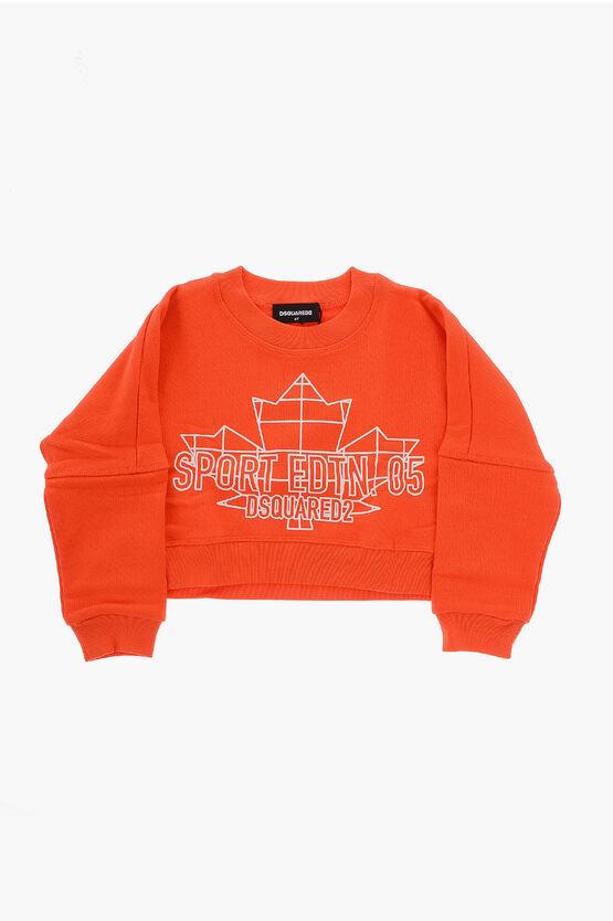 Dsquared2 Kids' Front Printed Brushed Cotton Crew-neck Sweatshirt In Orange