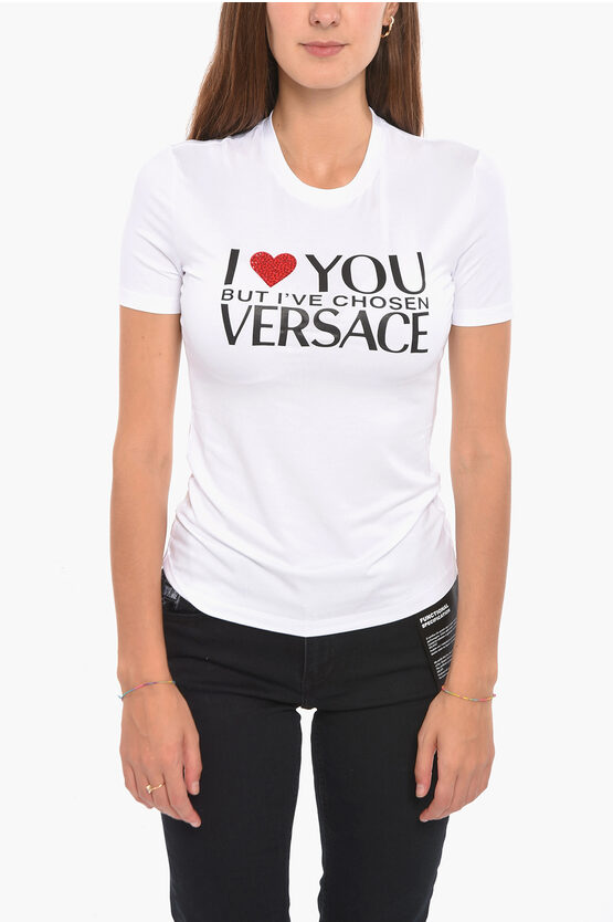 Versace Front Printed Crew-neck T-shirt With Rhinestone Detail