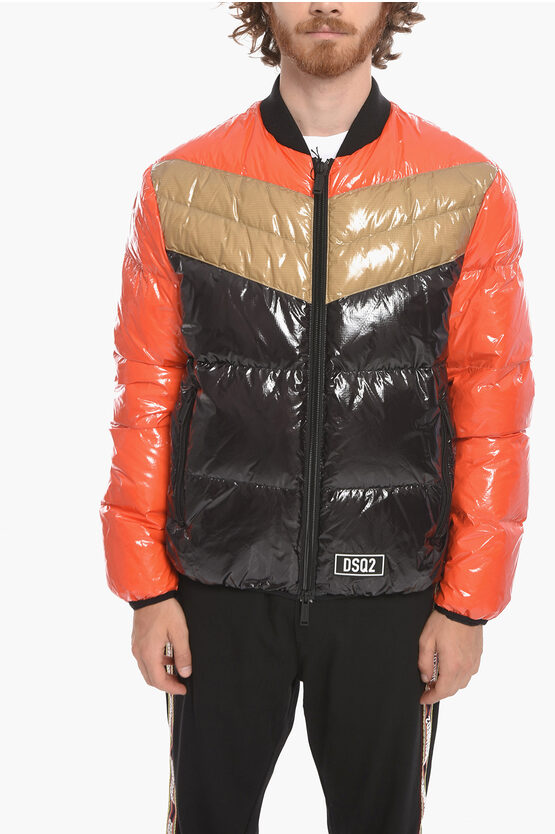 Dsquared2 Front Zipped Colour Block Padded Bomber Jacket In Orange