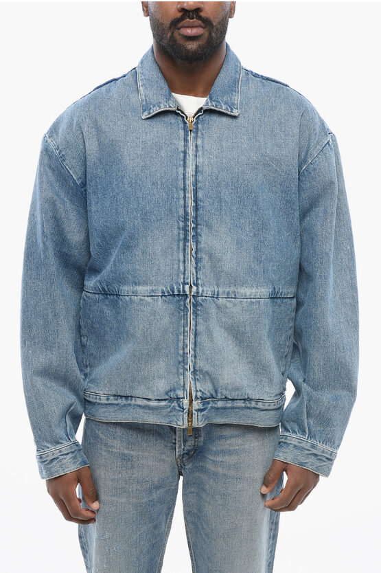 Fear Of God Medium Blue Wash Denim Jacket With Cropped Fit And Whiskering Details