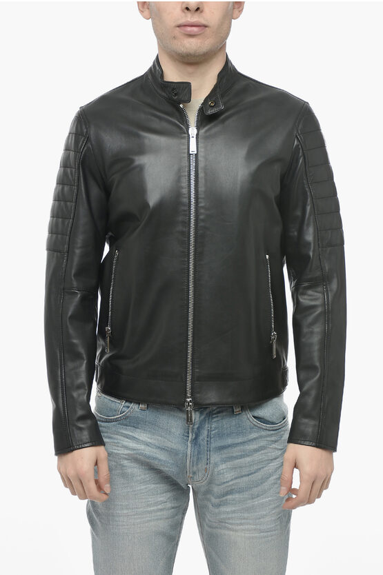 Dsquared2 Front Zipped Leather Biker Jacket In Black