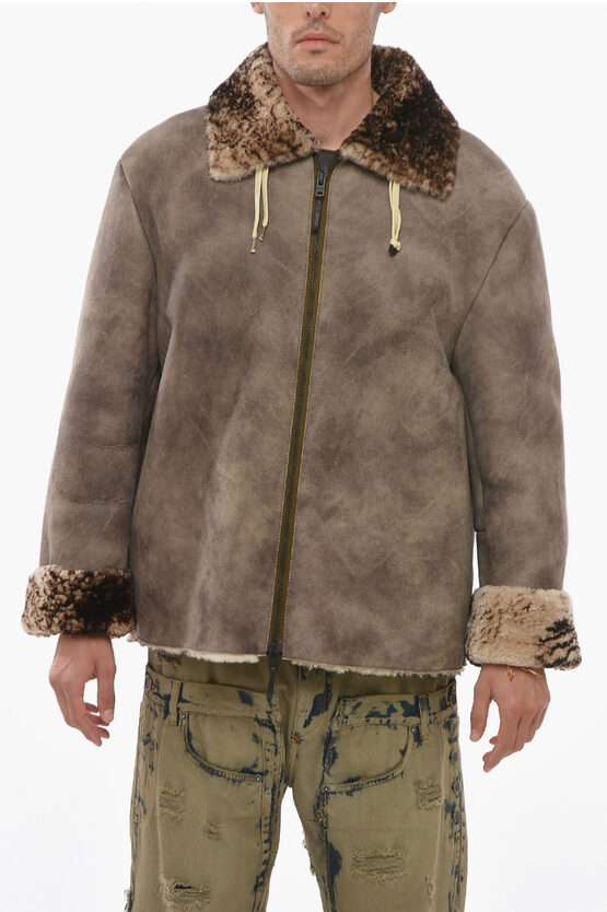Acne Studios Front Zipped Shearling Jacket In Brown