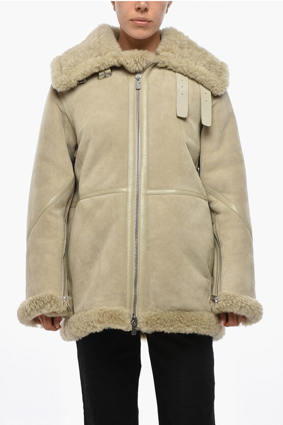 Burberry Front Zipped Shearling Jacket In Neutral