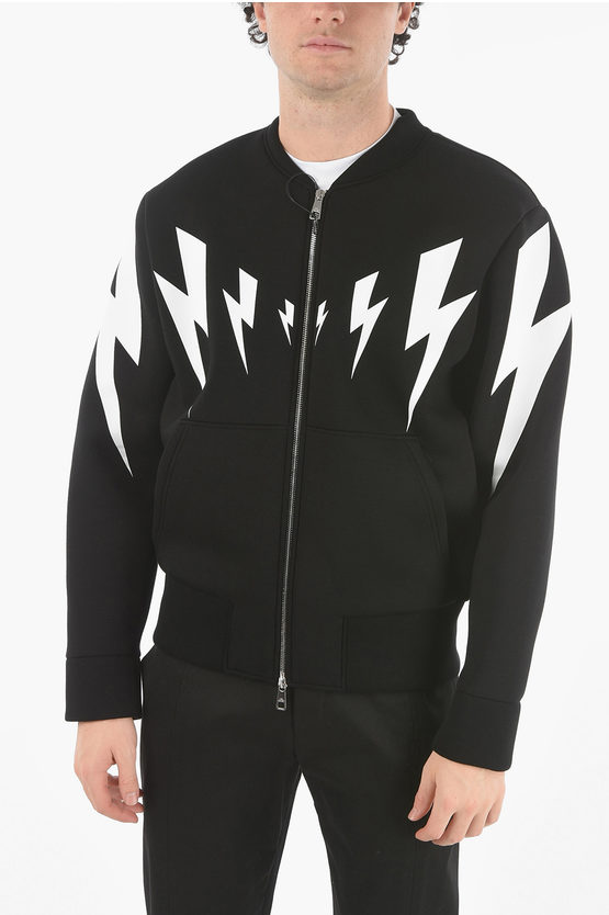 Neil Barrett Front Zipped Tiger Bolt Neoprene Sweatshirt In Black