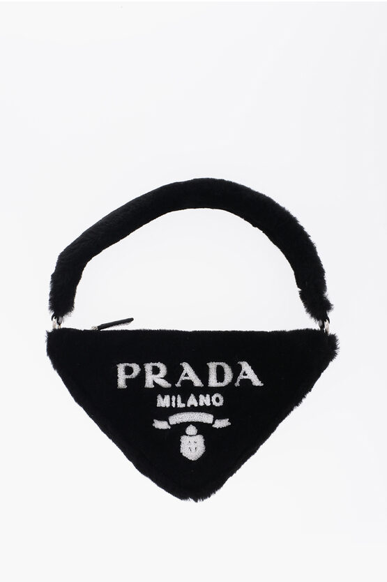 Prada Fur Triangle Mini Bag With Contrasting Logo In Black