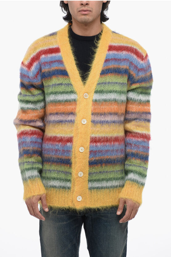 Shop Marni Fuzzy Wuzzy Mohair Blend Cardigan With Striped Motif