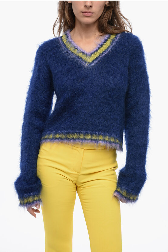 Marni Fuzzy Wuzzy V Neck Mohair Blend Sweater In Blue