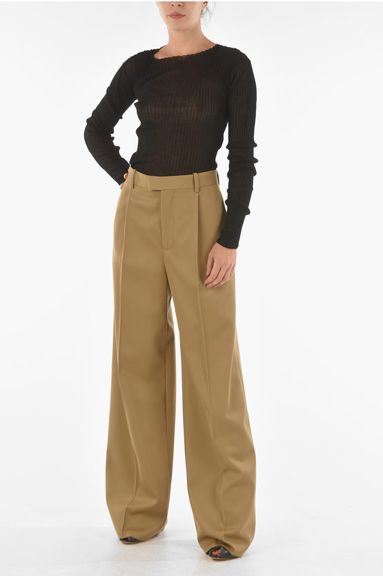 Gabardine Wool Flared Pants with Single-pleat